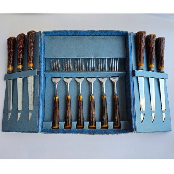 Vintage Glo Hill Steak Knife & Fork Set • 12-Piece Stag Handle Cutlery - Picture 1 of 9